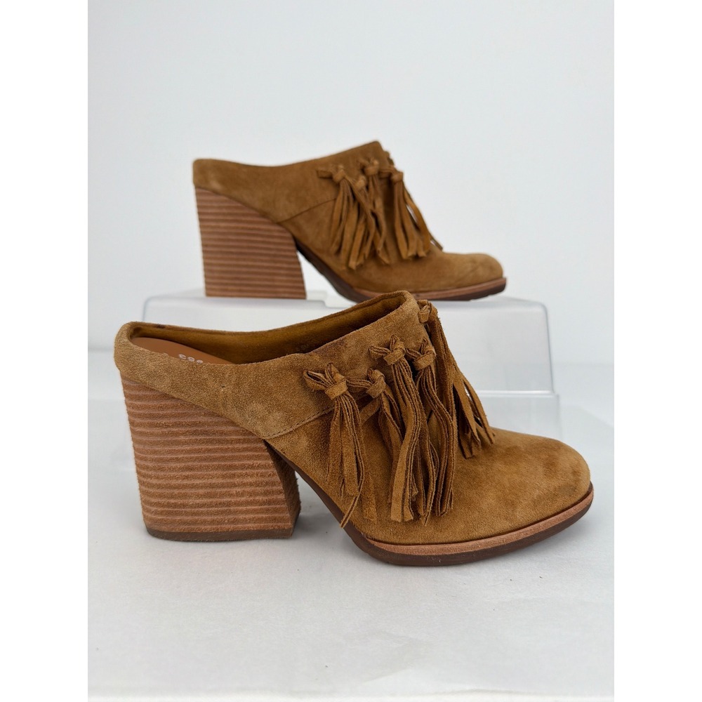 Kork-Ease Suede Fringe Mules 8.5 Brown Block Heel Boho Western Cowgirl